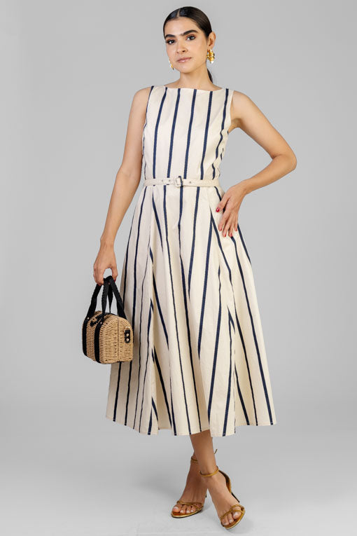 VESTIDO BEIGE RAYA AZUL