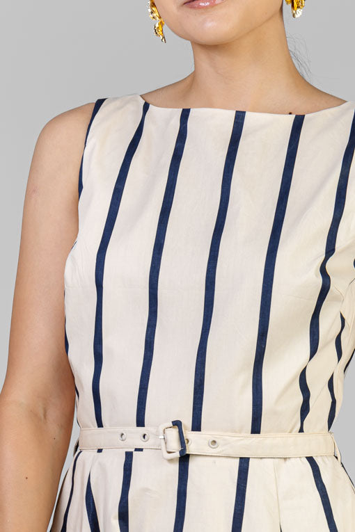 VESTIDO BEIGE RAYA AZUL