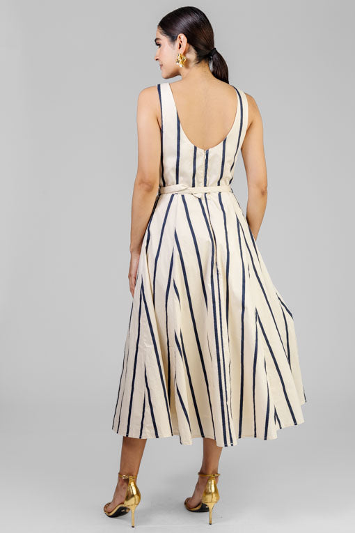 VESTIDO BEIGE RAYA AZUL