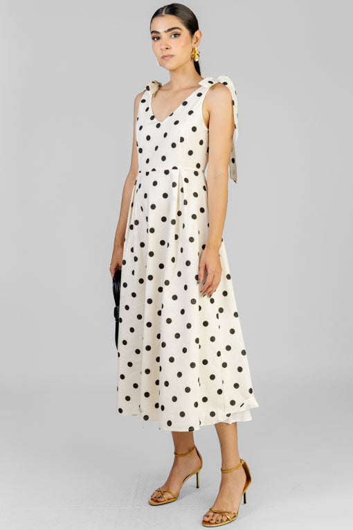 VESTIDO BEIGE LUNARES