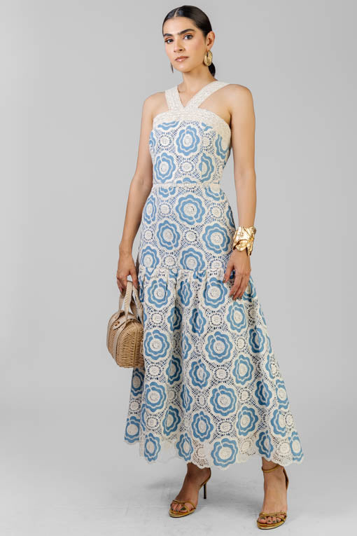 VESTIDO AZUL ENCAJES BEIGE