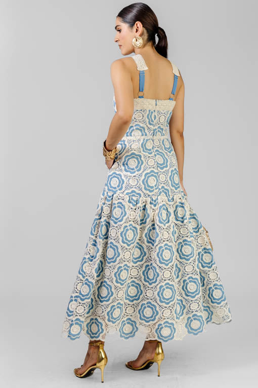 VESTIDO AZUL ENCAJES BEIGE