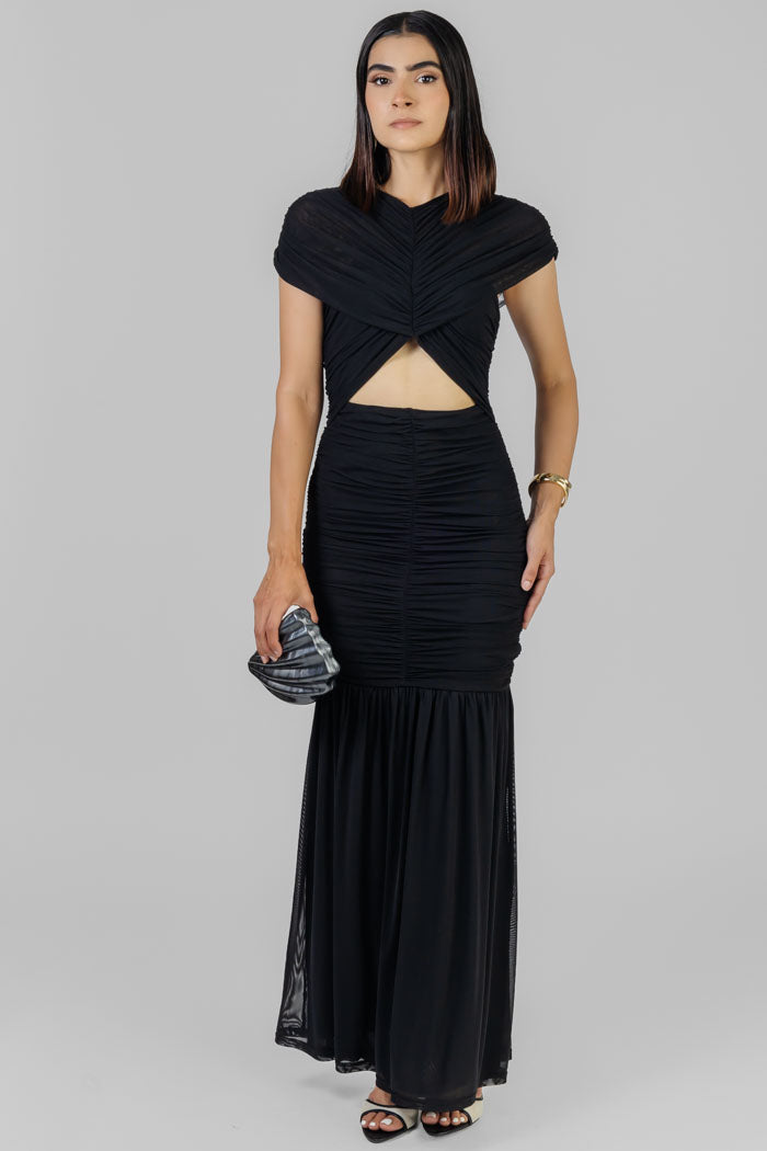 VESTIDO MIDI DRAPEADO NEGRO