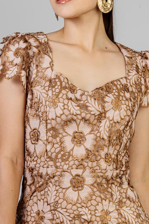 VESTIDO FLORES ENCAJE CAFE