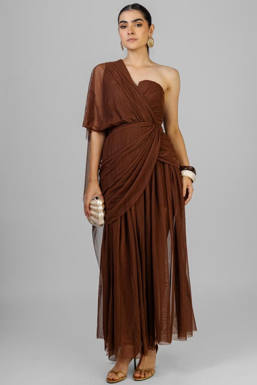 VESTIDO MESH MOKA FRUNCES