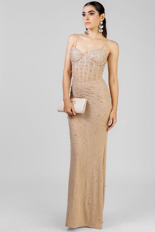 VESTIDO MESH CRSTALES PLATA