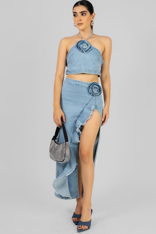 CONJUNTO TOP FLOR MEZCLILLA