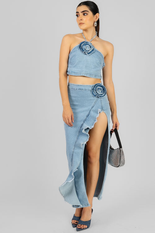 CONJUNTO TOP FLOR MEZCLILLA