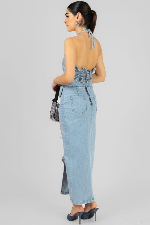 CONJUNTO TOP FLOR MEZCLILLA