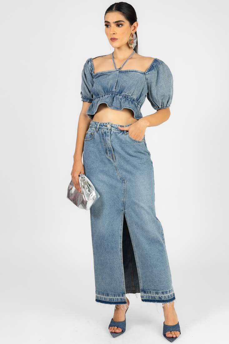 CONJUNTO TOP FALDA MEZCLILLA