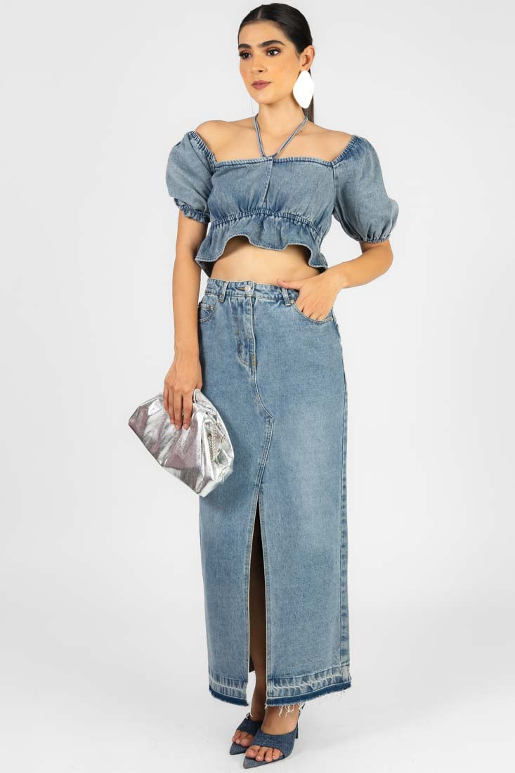 CONJUNTO TOP FALDA MEZCLILLA