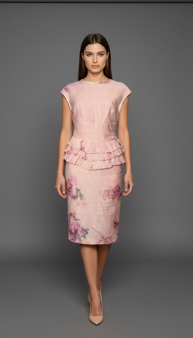 VESTIDO ROSA OLANES PLISADOS