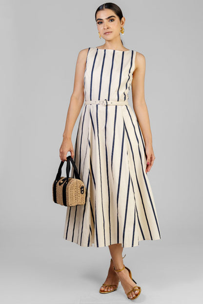VESTIDO BEIGE RAYA AZUL