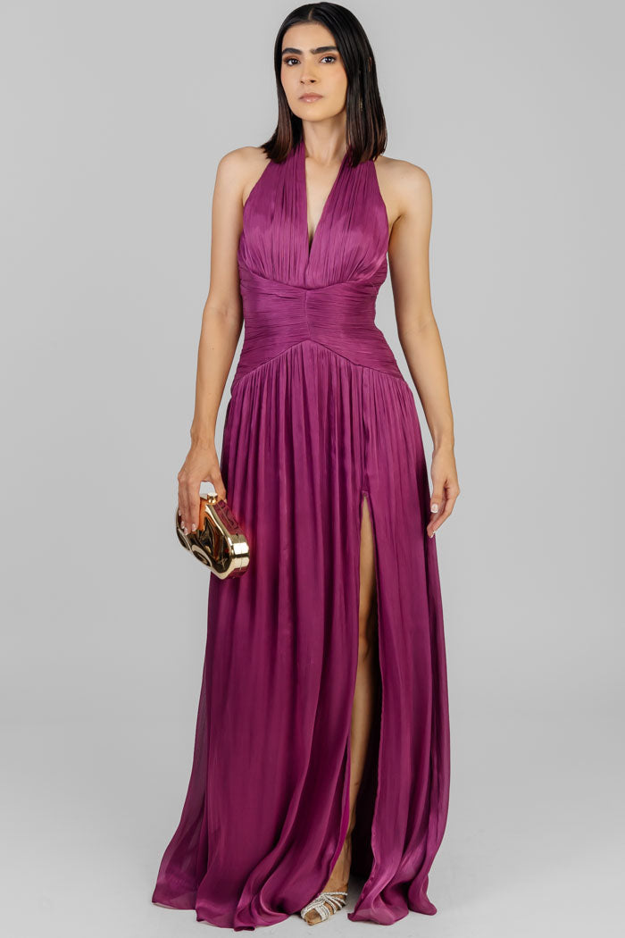 VESTIDO LARGO PLISADO ESCOTE
