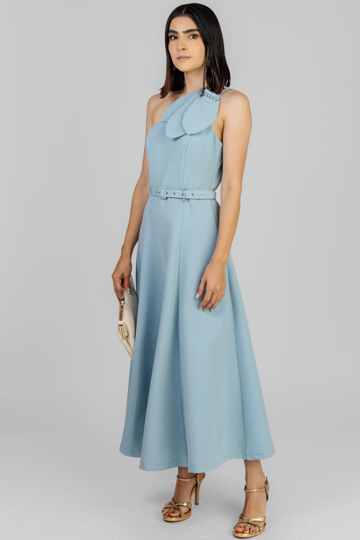 VESTIDO MIDI ASIMÉTRICO AZUL