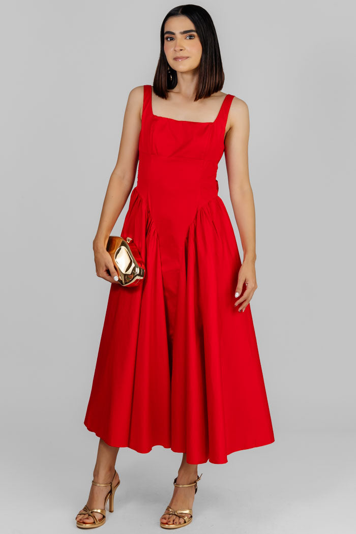 VESTIDO MIDI ROJO ESCULTURAL