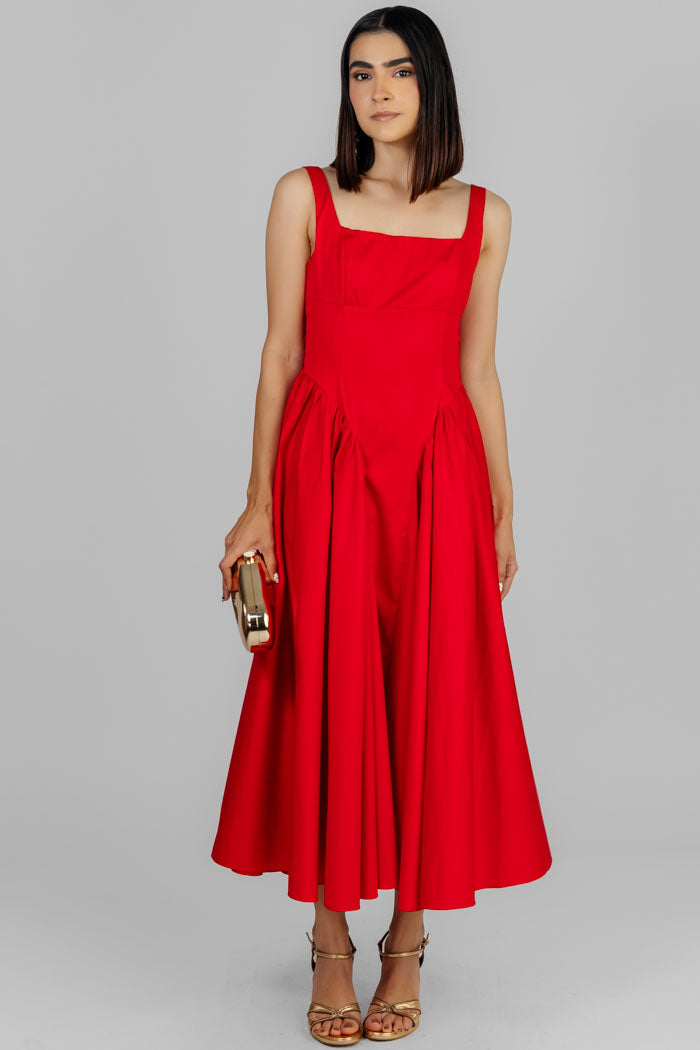 VESTIDO MIDI ROJO ESCULTURAL