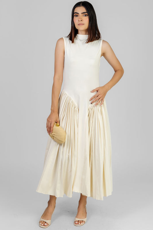 VESTIDO MIDI PLISADO CREMA
