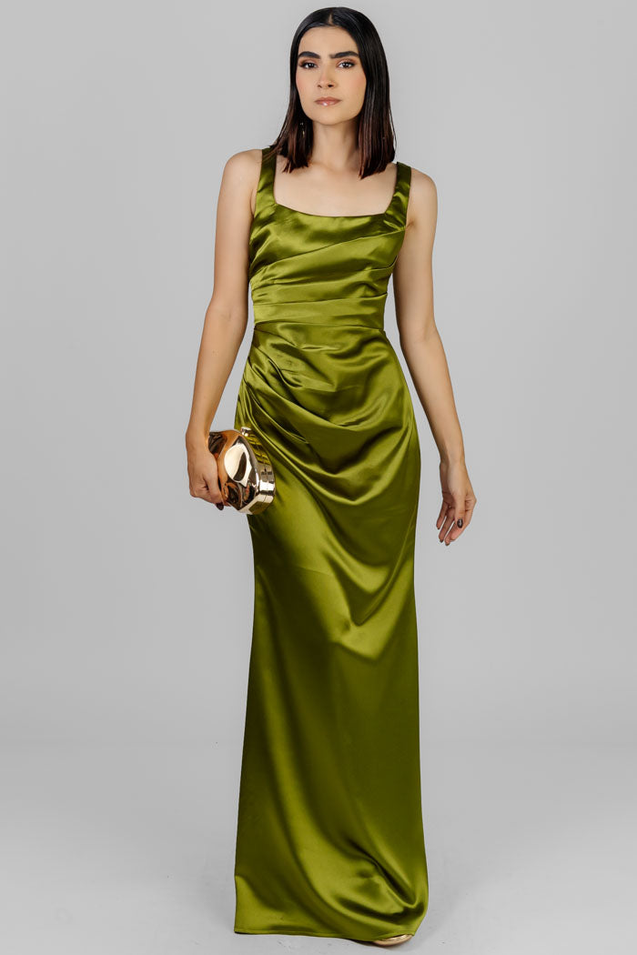 VESTIDO LARGO DRAPEADO SATINADO