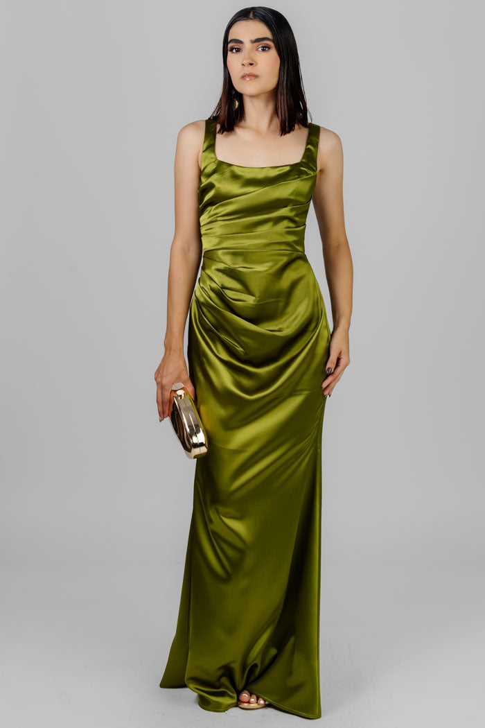 VESTIDO LARGO DRAPEADO SATINADO