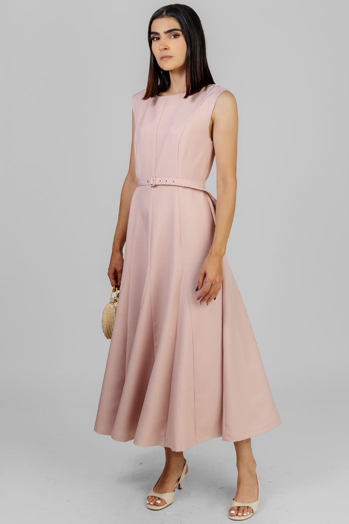 VESTIDO MIDI ROSA CINTURÓN