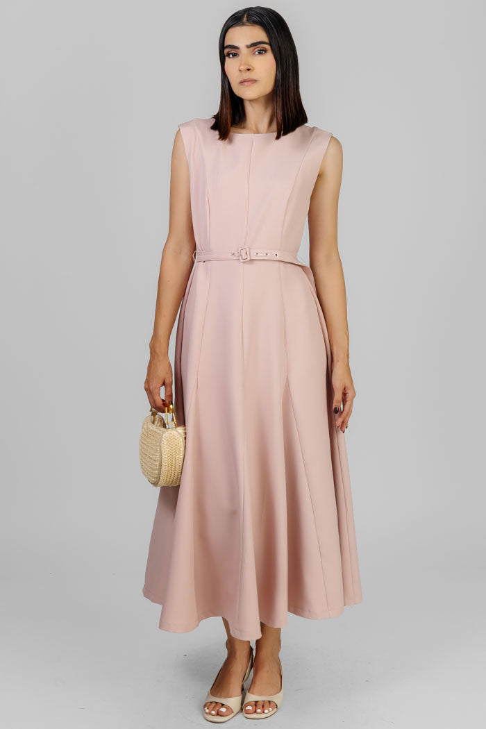 VESTIDO MIDI ROSA CINTURÓN