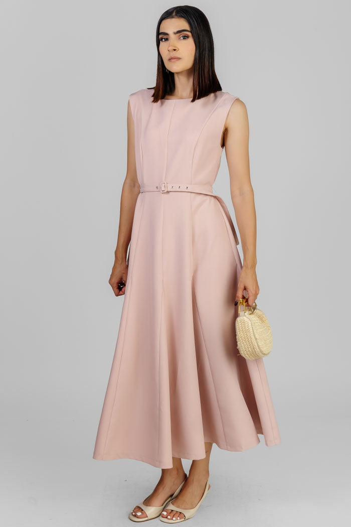 VESTIDO MIDI ROSA CINTURÓN