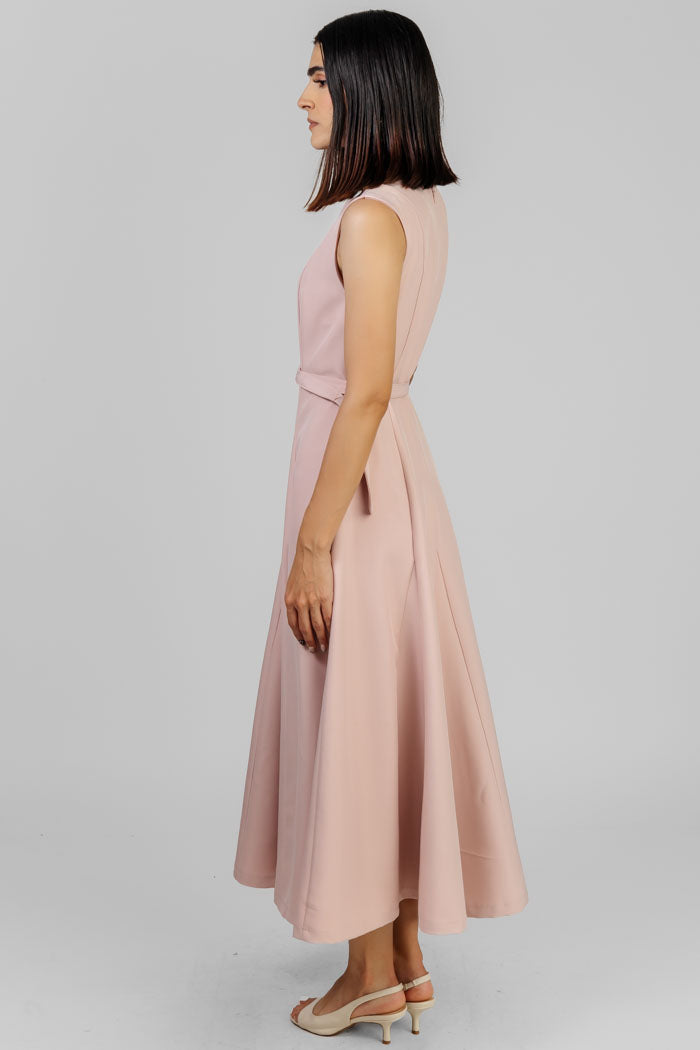 VESTIDO MIDI ROSA CINTURÓN