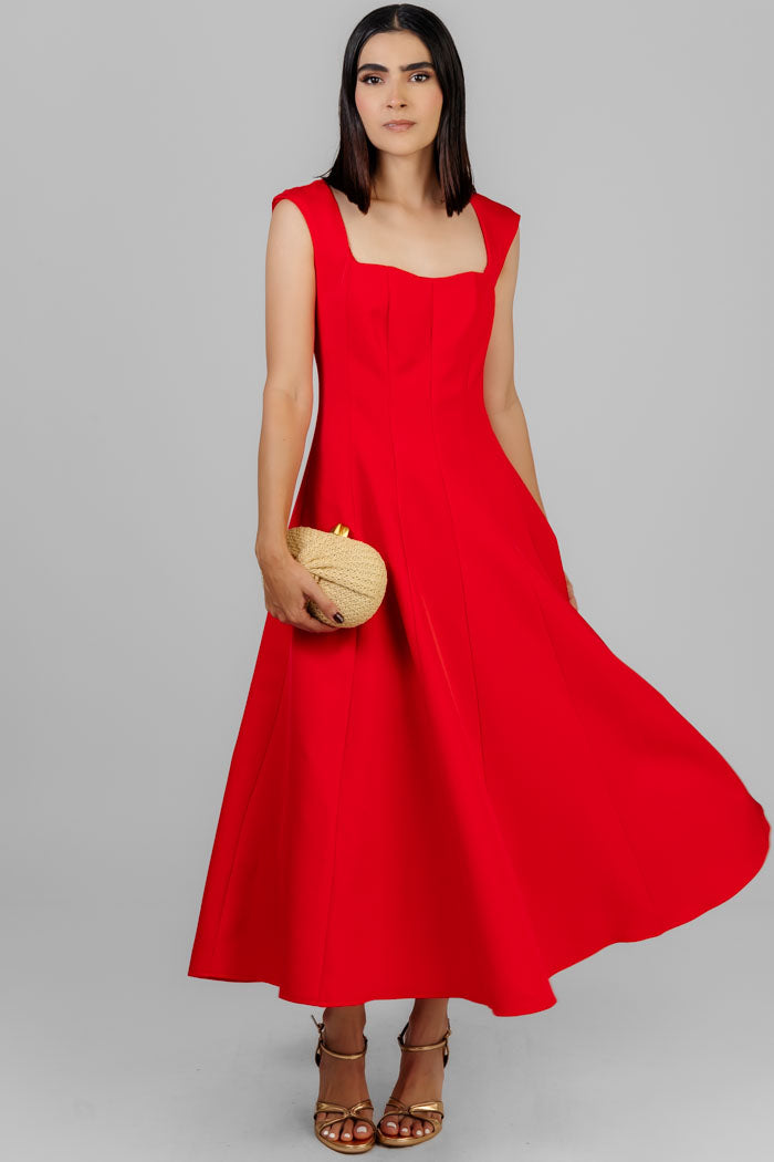VESTIDO ROJO MIDI ELEGANTE