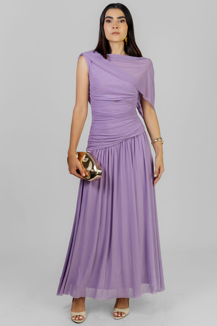 VESTIDO LILA DRAPEADO ELEGANTE