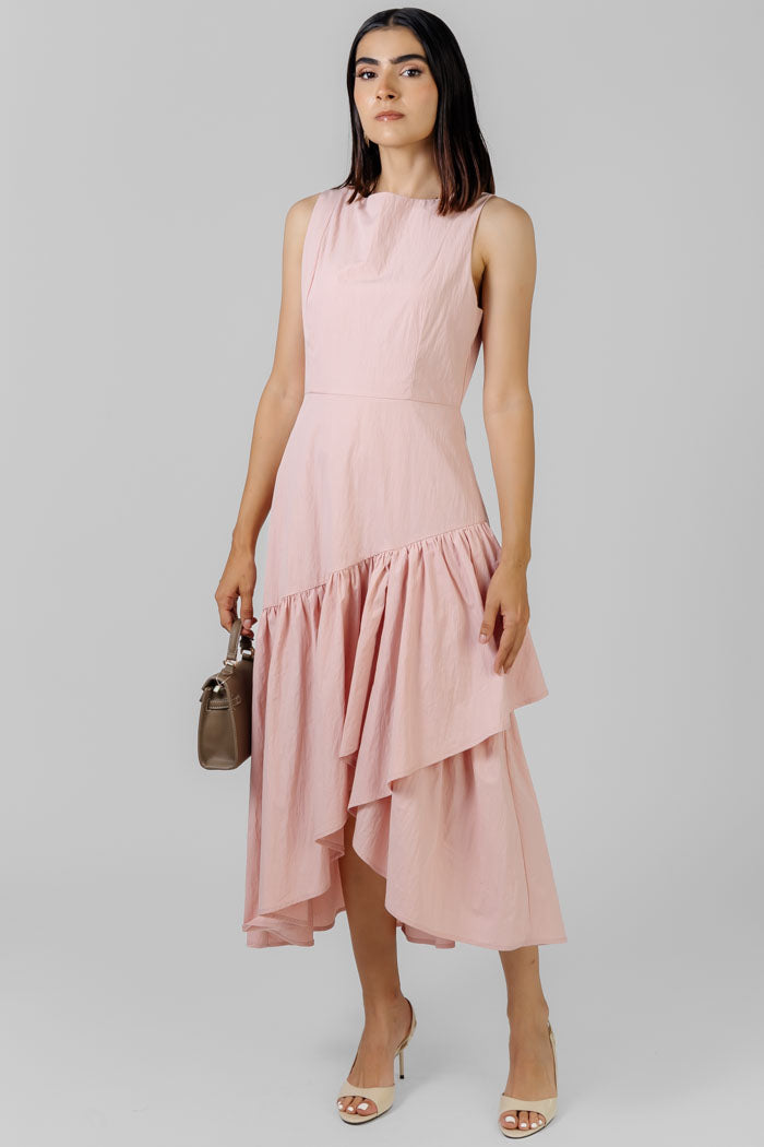 VESTIDO MIDI ROSA ASIMÉTRICO