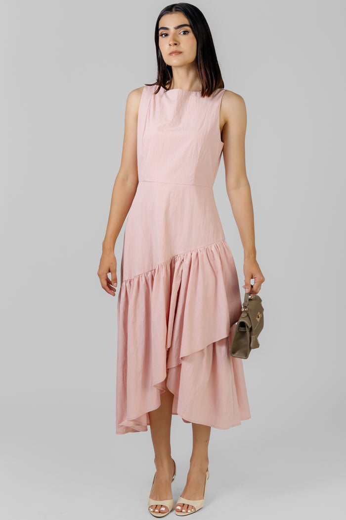 VESTIDO MIDI ROSA ASIMÉTRICO