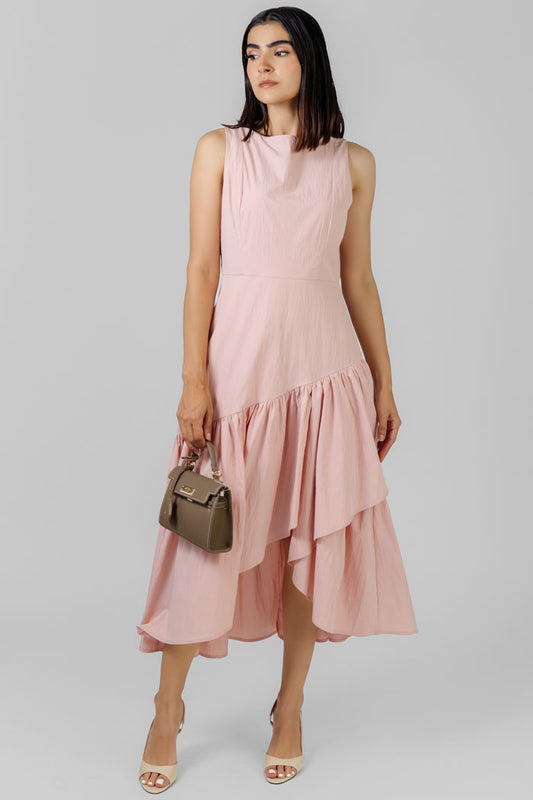 VESTIDO MIDI ROSA ASIMÉTRICO