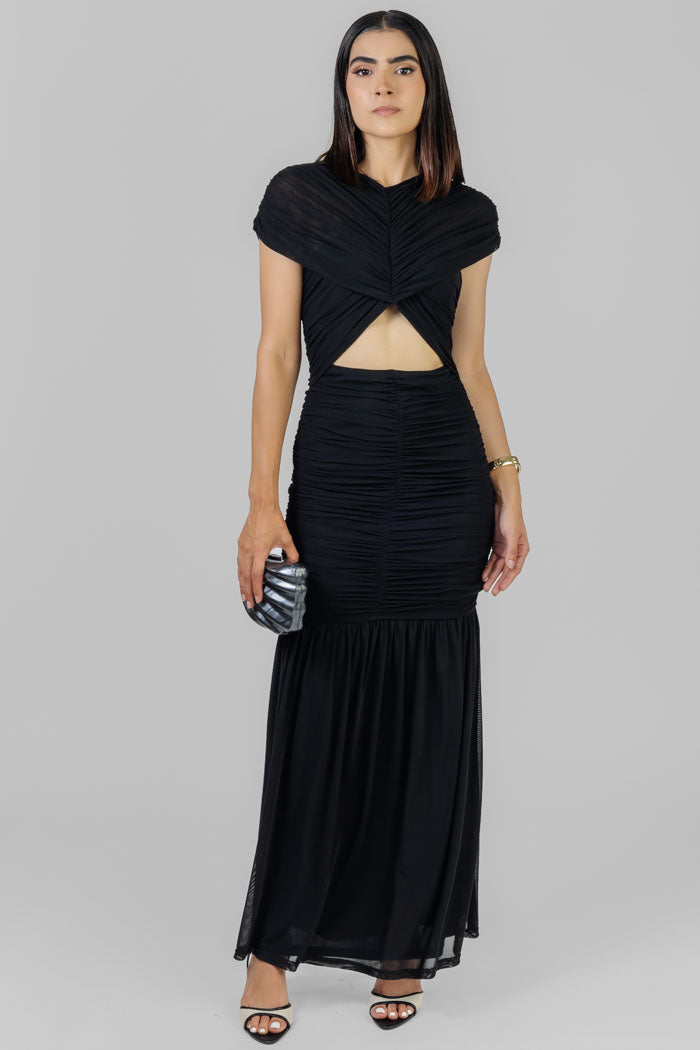 VESTIDO MIDI DRAPEADO NEGRO