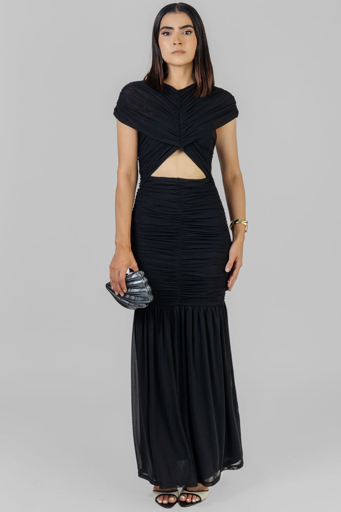 VESTIDO MIDI DRAPEADO NEGRO