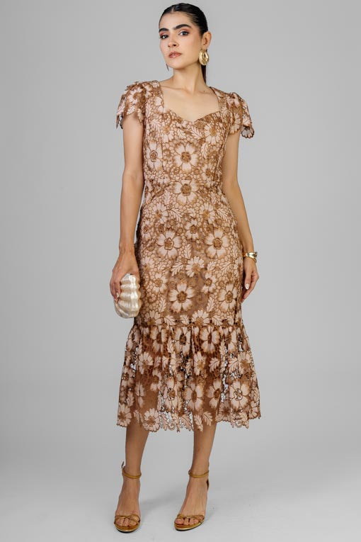 VESTIDO FLORES ENCAJE CAFE