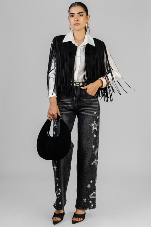 CHALECO NEGRO GAMUZA FLECOS