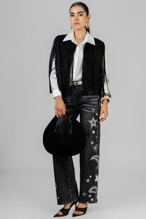 CHALECO NEGRO GAMUZA FLECOS