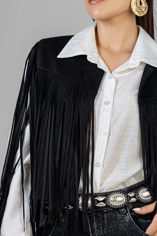 CHALECO NEGRO GAMUZA FLECOS