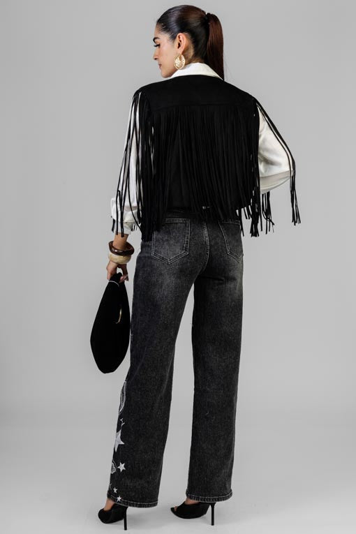 CHALECO NEGRO GAMUZA FLECOS