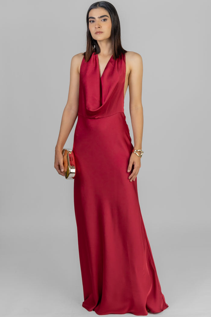 VESTIDO LARGO ROJO COWL