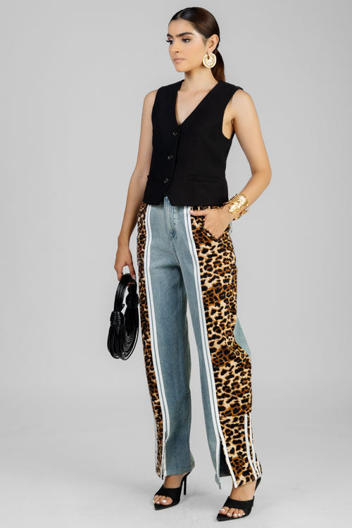 PANTALON DENIM FRANJA ANIMAL PRINT