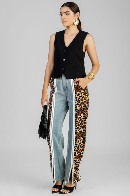 PANTALON DENIM FRANJA ANIMAL PRINT