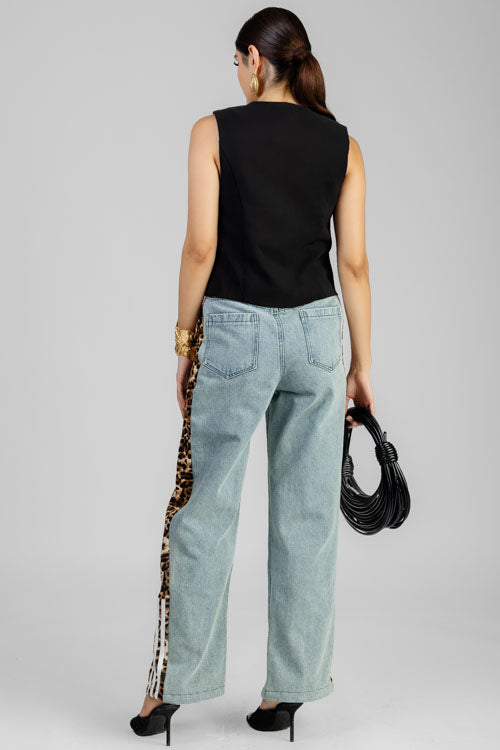 PANTALON DENIM FRANJA ANIMAL PRINT