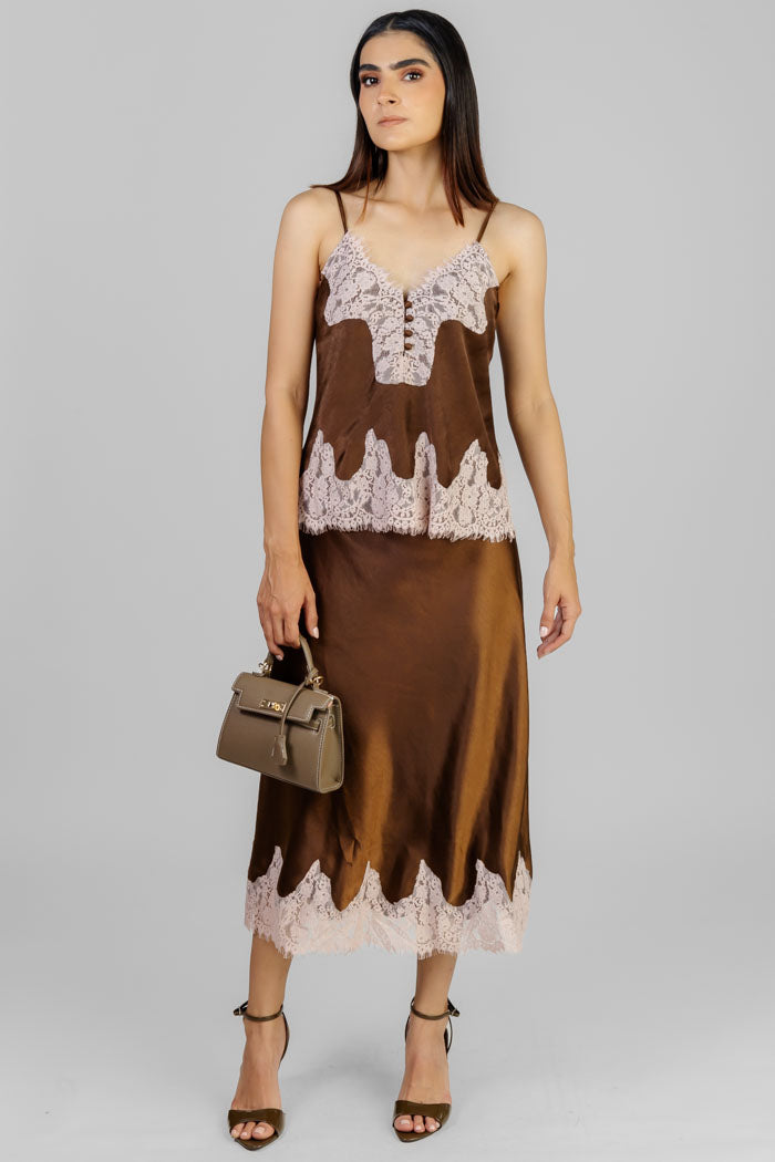 CONJUNTO CHOCOLATE SATINADO ENCAJE