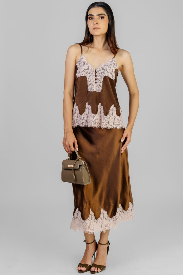 CONJUNTO CHOCOLATE SATINADO ENCAJE