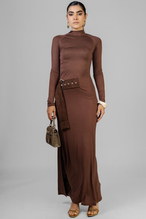 VESTIDO CAFE CINTO