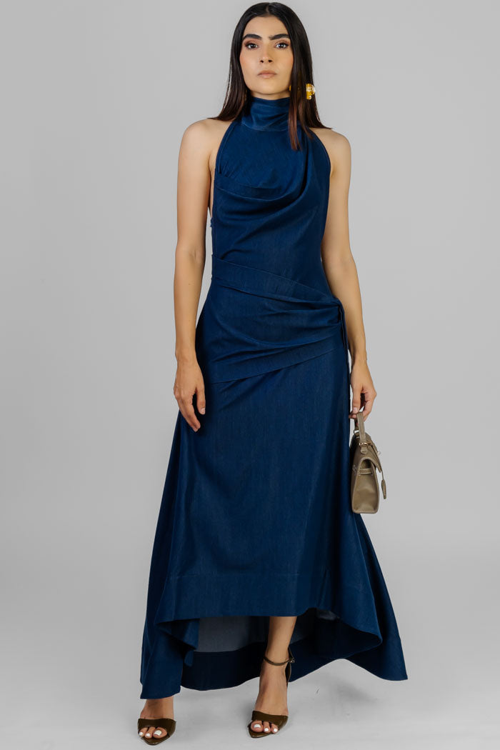 VESTIDO AZUL HALTER ASIMÉTRICO