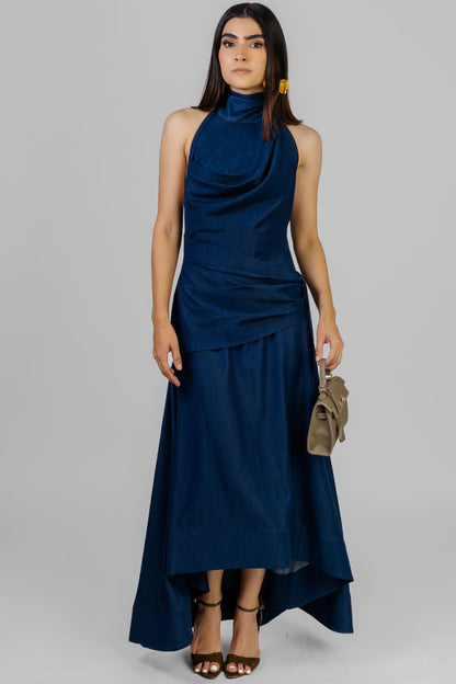 VESTIDO AZUL HALTER ASIMÉTRICO