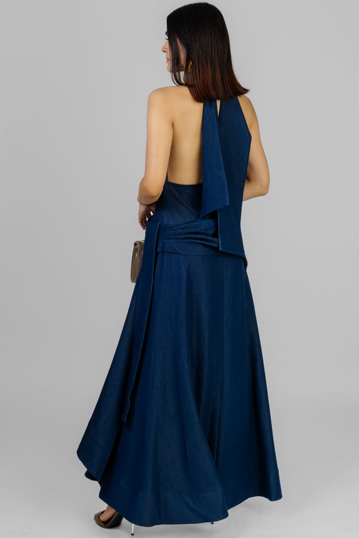 VESTIDO AZUL HALTER ASIMÉTRICO